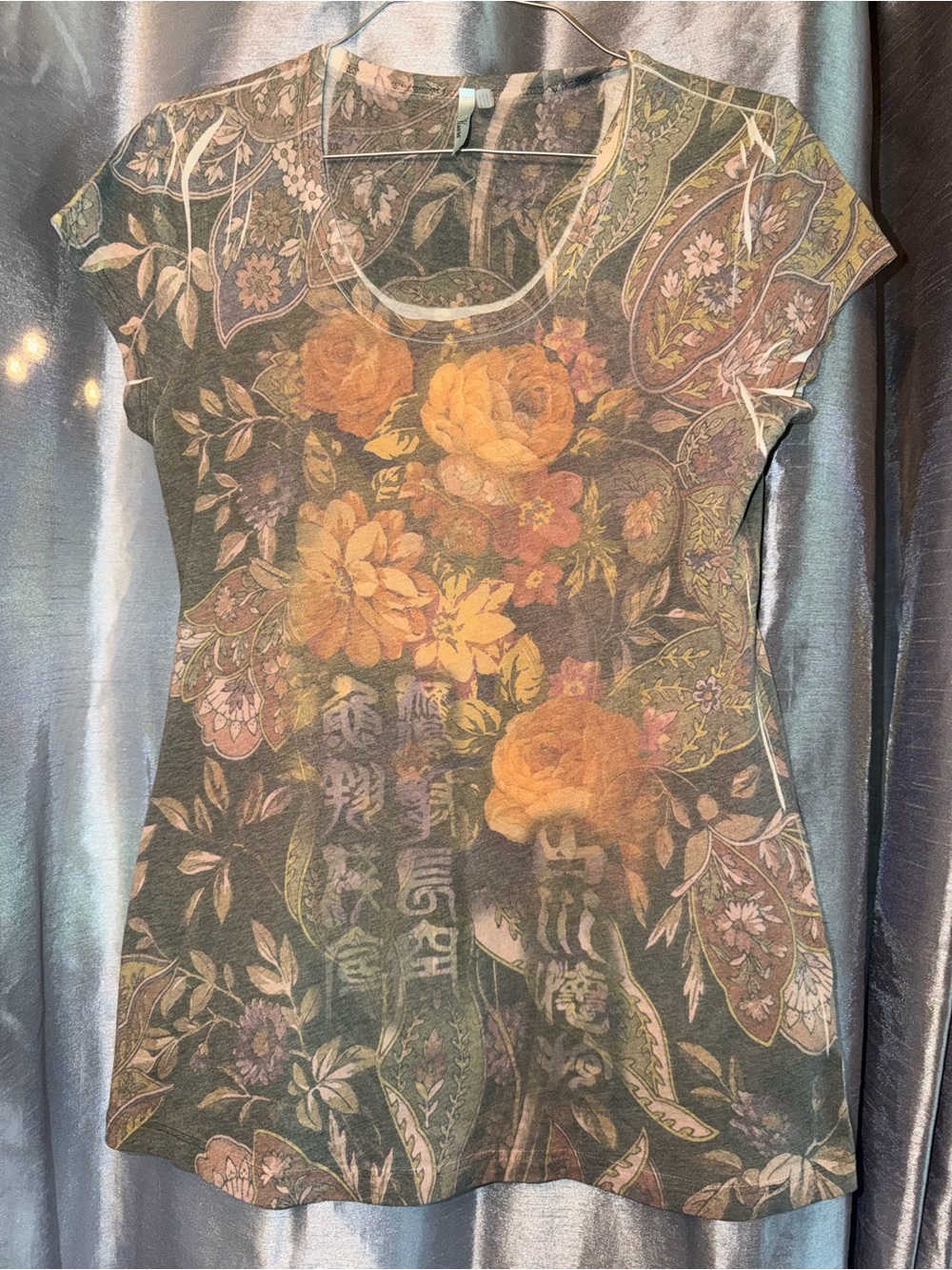 Kiara Short Sleeve Tee in Muted Green with Yellow Rose Accents
